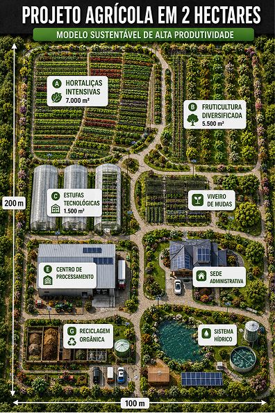 Projeto agrícola em 2 hectares — modelo sustentável de alta produtividade