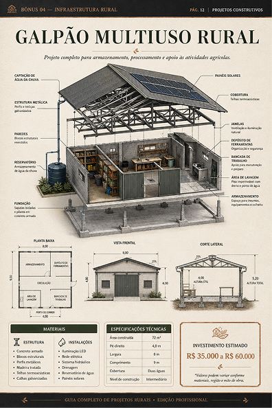 Galpão multiuso rural — projeto completo de infraestrutura