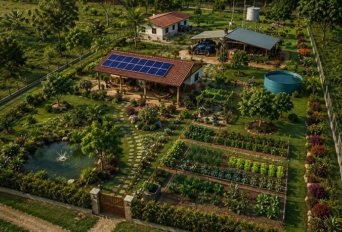 Propriedade rural organizada e produtiva, com horta, pomar, energia solar e paisagismo