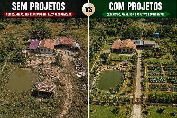 Comparação de propriedade rural sem projetos, desorganizada, e com projetos, organizada e produtiva